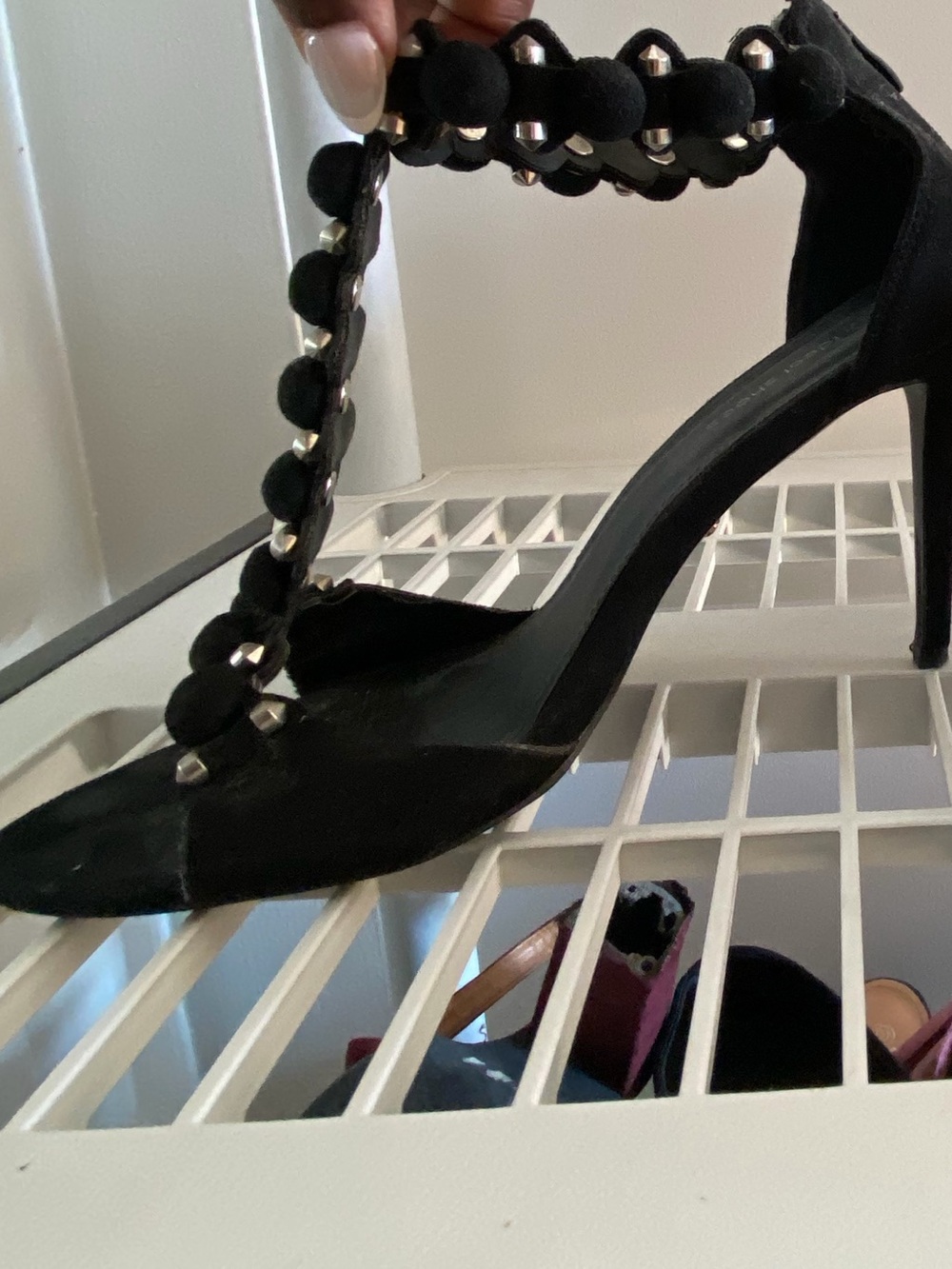 Black Studded T-Strap High Heel Sandal -